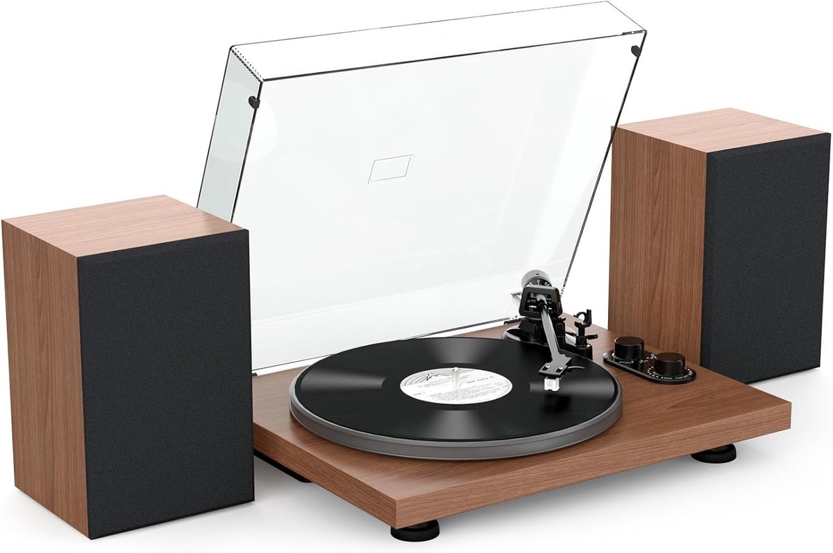 platenspeler Bluetooth Hi-Fi-systeem met 40W boekenplankluidsprekers, vinylspelers met aluminium draaiplateau, riemaandrijving 2 snelheden, AT-3600L, bruin