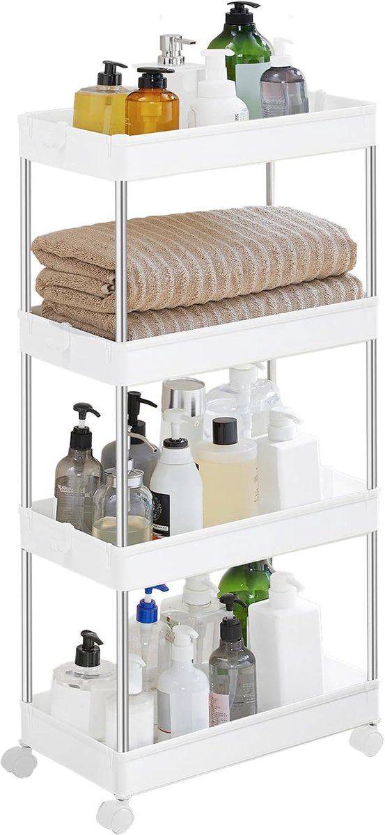 Trolley, keukentrolley met 4 niveaus, keukenplank, nisplank op wielen, badkamerplank, ruimtebesparend, 40 x 22 x 88 cm, wit KSC10WT | Keukenplank, nisplank, badkamerplank, 40 x 22 x 88 cm, wit, BENCO Collectie KSC10WTV1