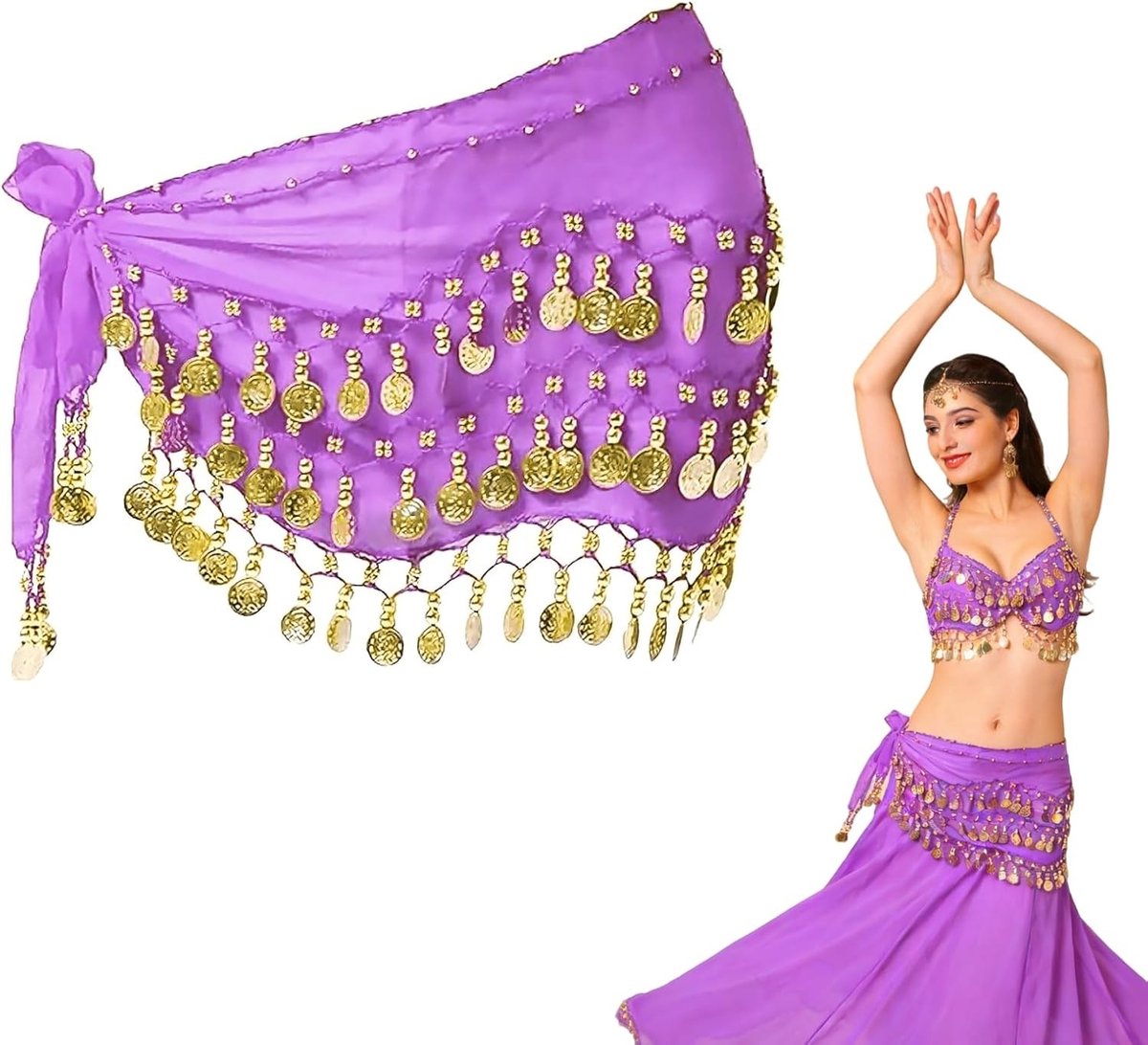 Heupdoek met 90+ munten voor buikdans, oosterse dansaccessoires, chiffon, 140 cm lang, perfect voor optredens en feestjes