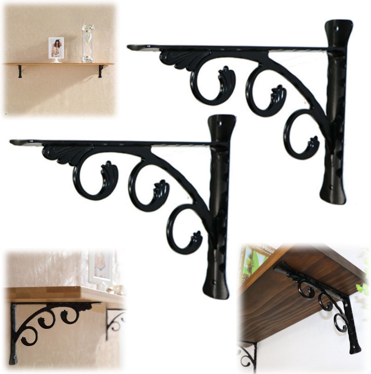Set van 2 steunen – Plankdragers – L vormige hoeksteunen – Decoratieve wandbevestigingen – IJzeren ophangbeugels – Geschikt voor planken, scheidingswanden, plantenpotten (15 x 12 cm – Zwart)
