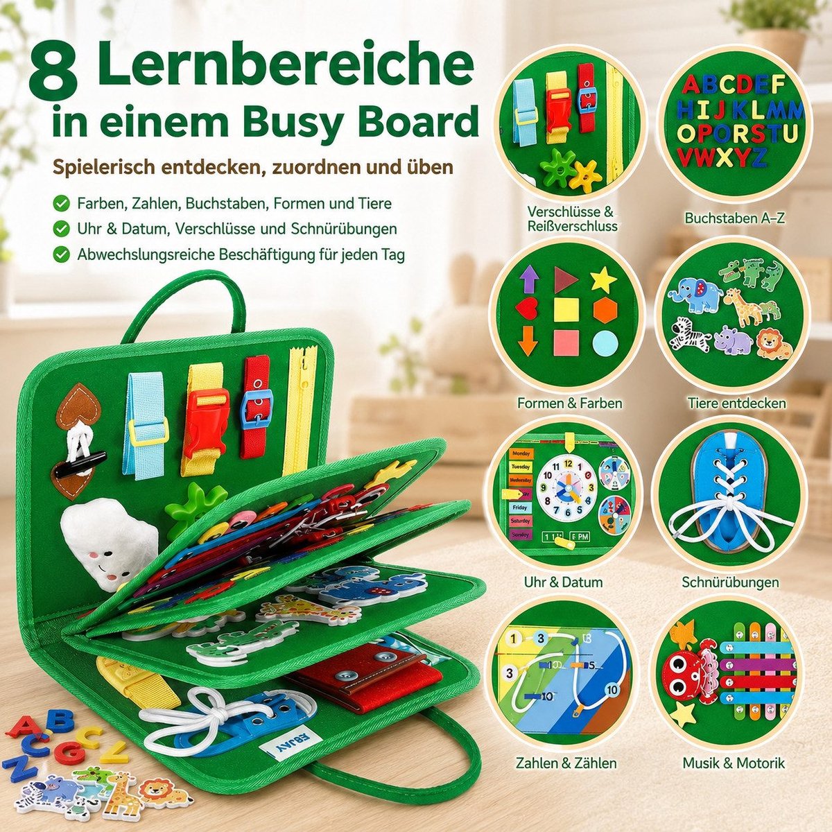 **Montessori Busy Board voor Baby's vanaf 10 Maanden, Educatief Speelgoed van Vilt met Ritsen, Gespen, Cijfers, Letters, Vormen, Klok en Datum, Draagbaar Activiteitenbord voor Thuis, Auto en Reizen**