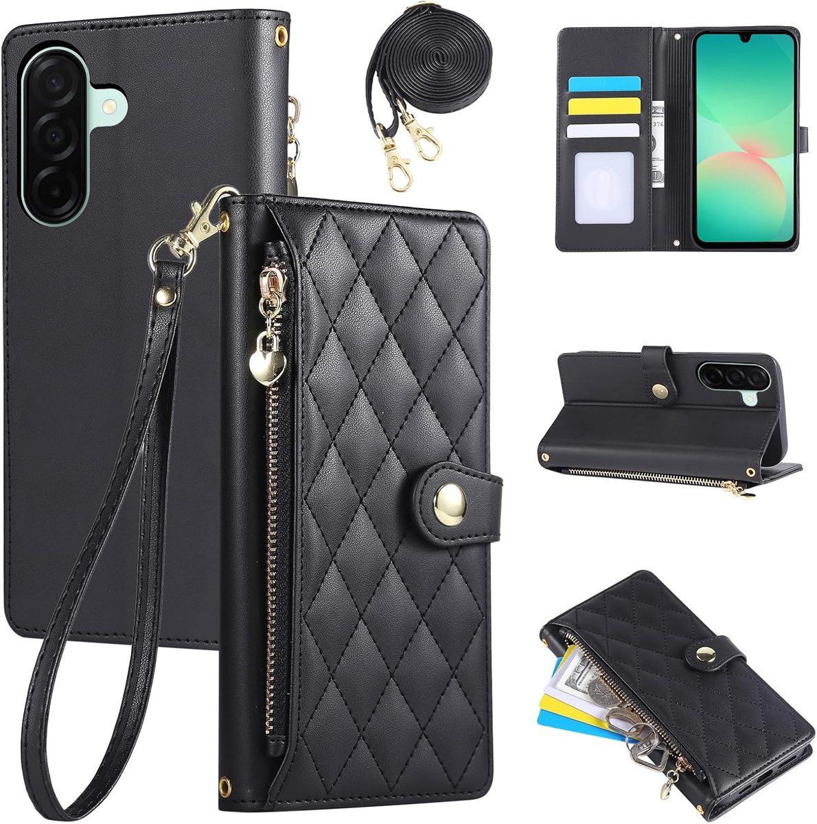 Hoes voor Samsung Galaxy A16 (4G/5G) / A26 5G 6,7 inch (17 cm), telefoonhoes van PU-leer met ruitvormig borduurwerk, Galaxy A26/A16 hoes, fliphoes met polsband en lange draagriem, zwart