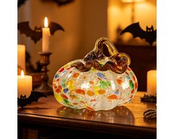 Ulisem - Handgeblazen Glazen Pompoen Figuur Gespikkeld Kunstglas - Herfst Decoratie - Halloween Tafeldecoratie - Tafelcentrumstuk - 16 Cm - Sierstuk Voor Thuis