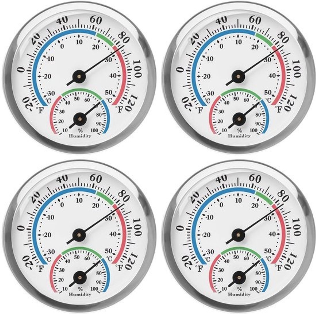 Set van 4 Analoge Thermometer & Hygrometer (Rond) - Temperatuur & Luchtvochtigheidsmeter voor Binnen