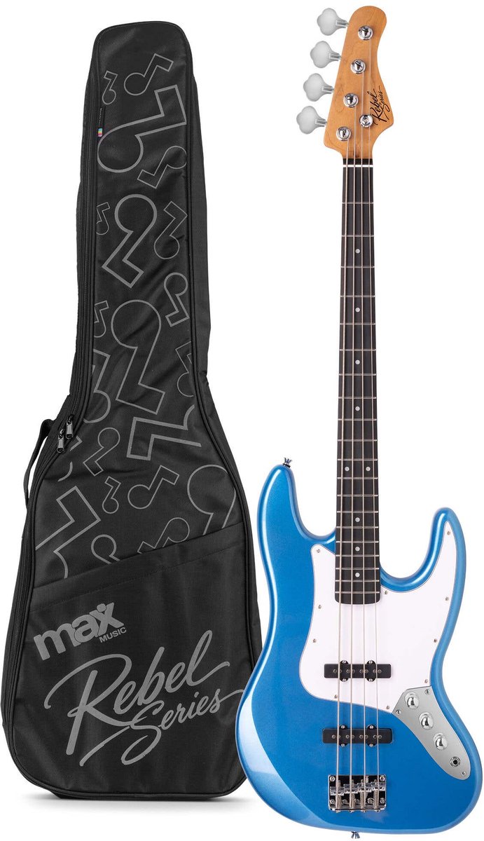 Basgitaar - MAX Rebel JB - Met online muziekcursus - Roasted maple hals met 20 frets - Incl. gitaartas - Metallic Blue