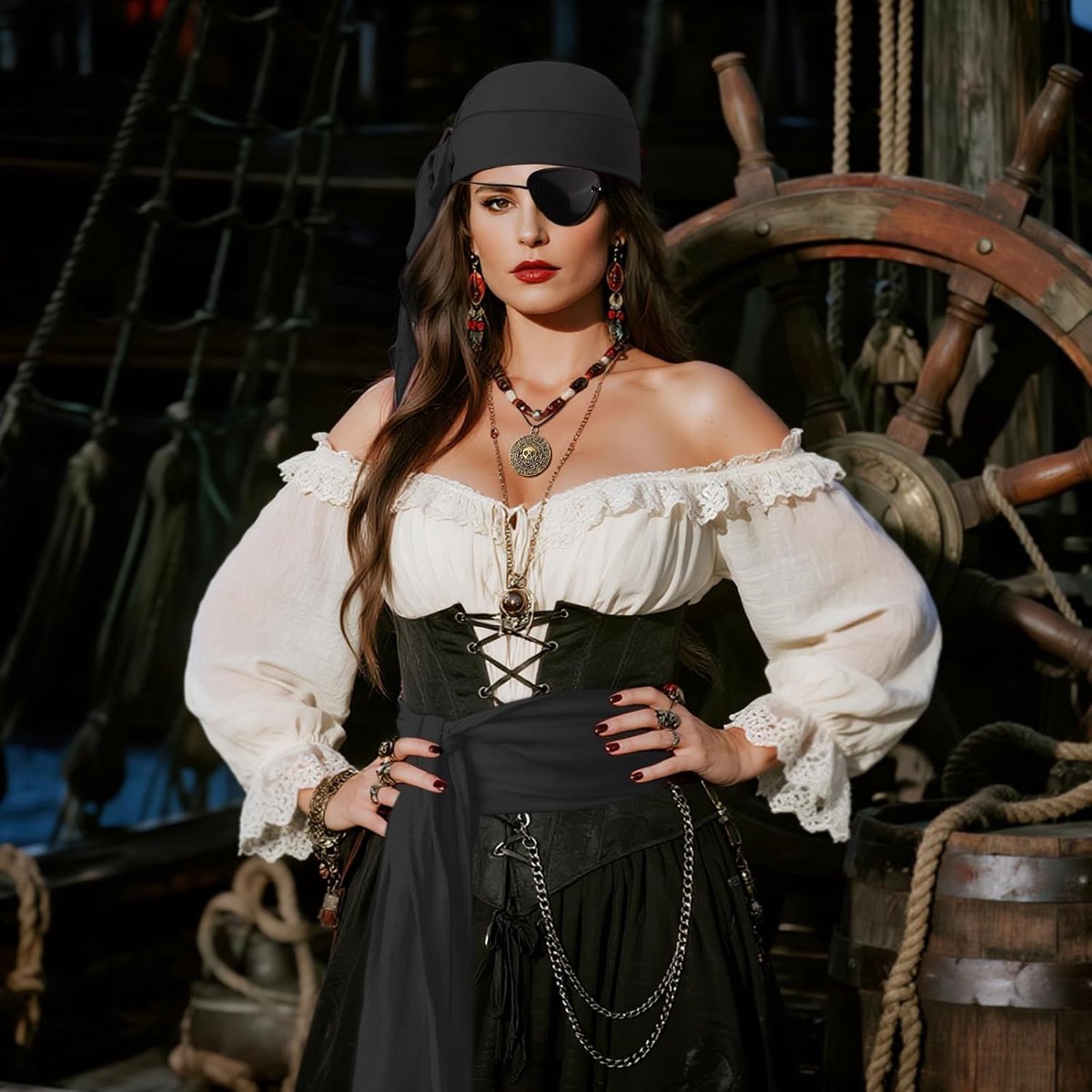 Piratenkostuum Accessoires voor Halloween Cosplay Party met Hoofddoek, Ketting, Sjerp en Ooglapje