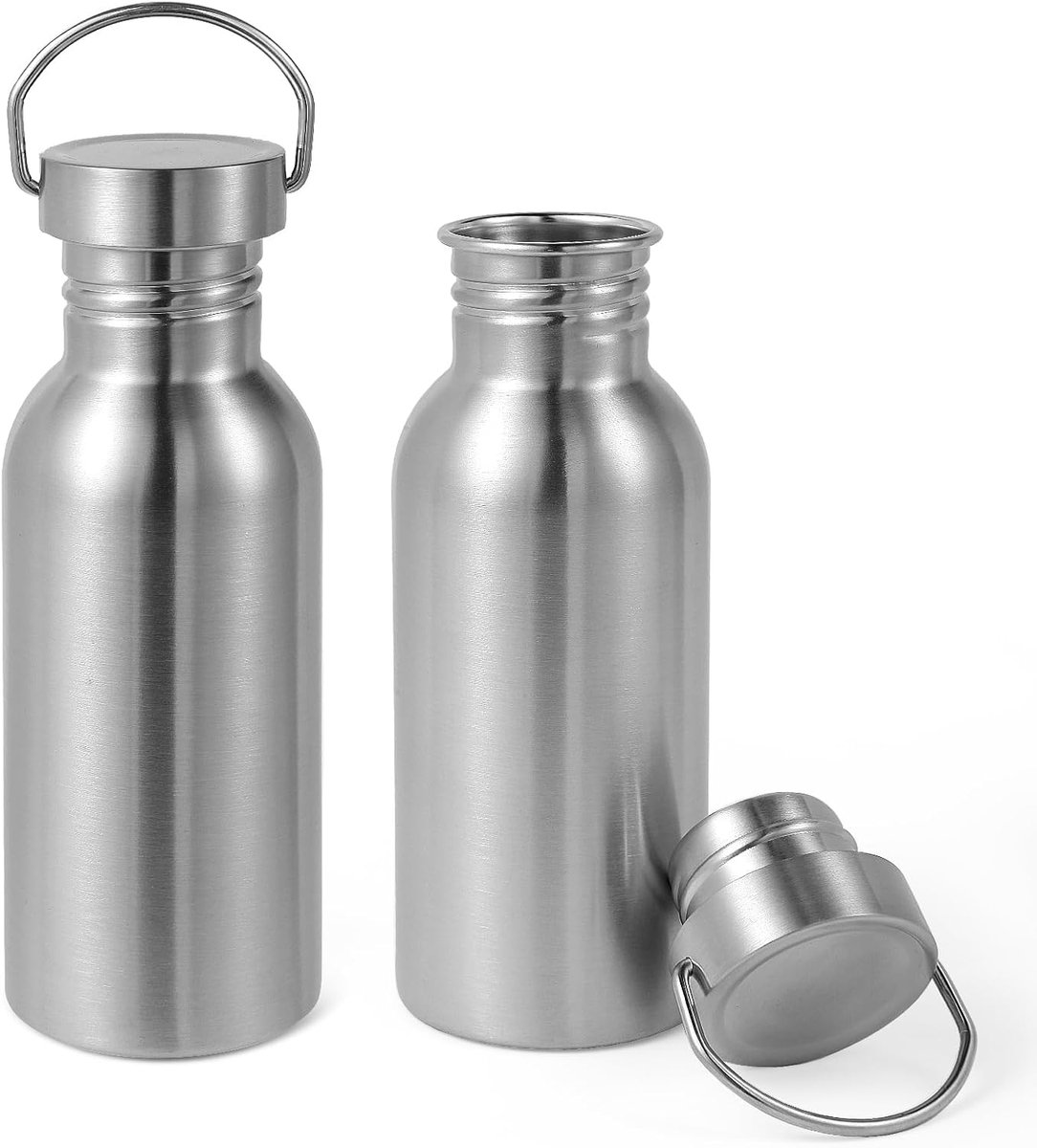Casalora 600 ml enkelwandige roestvrijstalen waterflessen (2 stuks), roestvrijstalen sportwaterflessen met handvatten, gemaakt van 304 roestvrij staal, geschikt voor kamperen en wandelen.