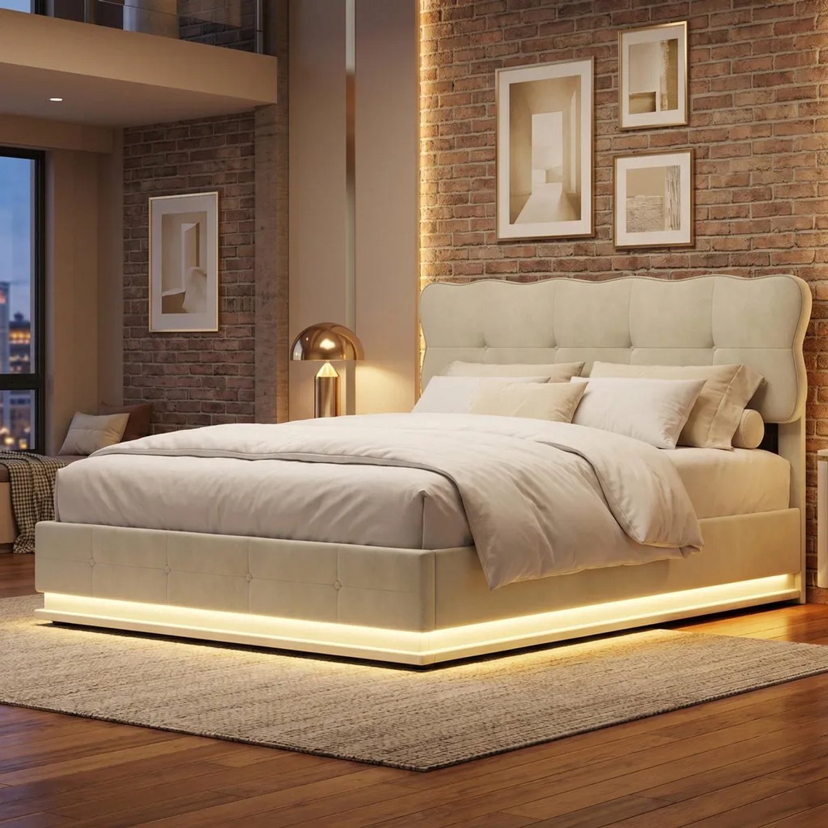 Gestoffeerd Bed 160x200 cm met LED Verlichting, Tweepersoonsbed met Opbergruimte, Hydraulisch Bedframe met Lattenbodem, beige fluweel, Opbergbed , zonder matras
