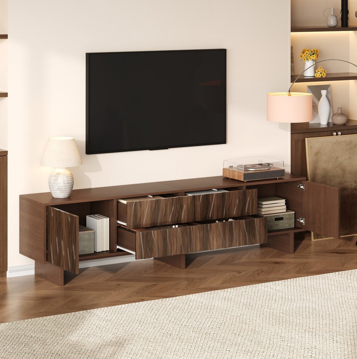 MEUNIQ TV-meubel 180 x 40 x 56 cm met 4 lades, 2 deuren en open vakken, voor tv’s tot 75 inch, woonkamerkast in donker walnoot