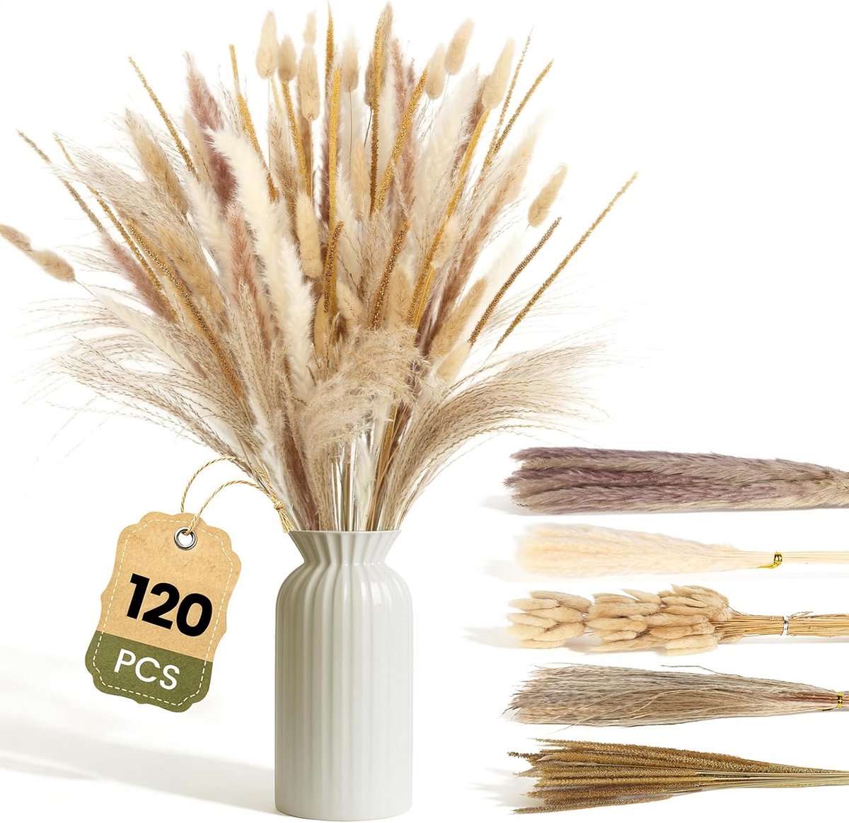 Gedroogd pampasgras set 120 stuks - natuurlijke en witte varianten - pluizige textuur - perfecte vaasvulling - Luxento