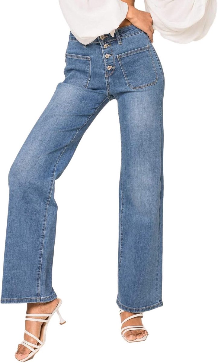 Jeansbroek voor dames, uitlopende bootcut, jeans met hoge taille, tweedehands look, lichtblauw (P139-5), M