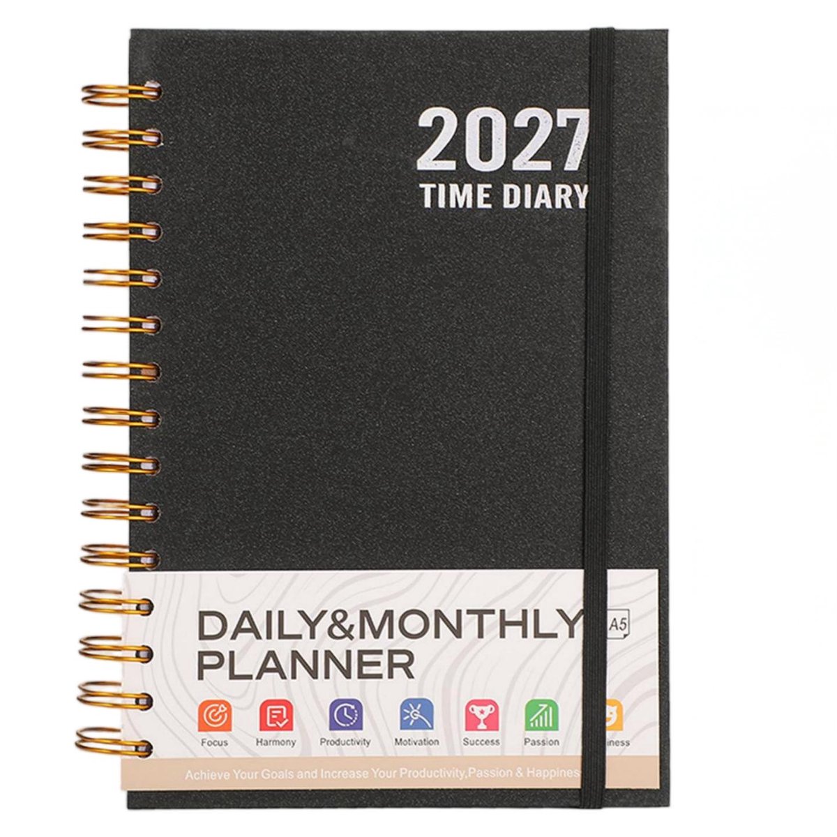 2027 Agenda – Dagelijkse & Maandelijkse Planner – Spiraalbinding met Elastische Band – Engelstalige Agenda & Notitieboek – Voor Werk, Studie & Persoonlijke Planning – A5 – 336 Pagina's – Zwart– 1 Stuk