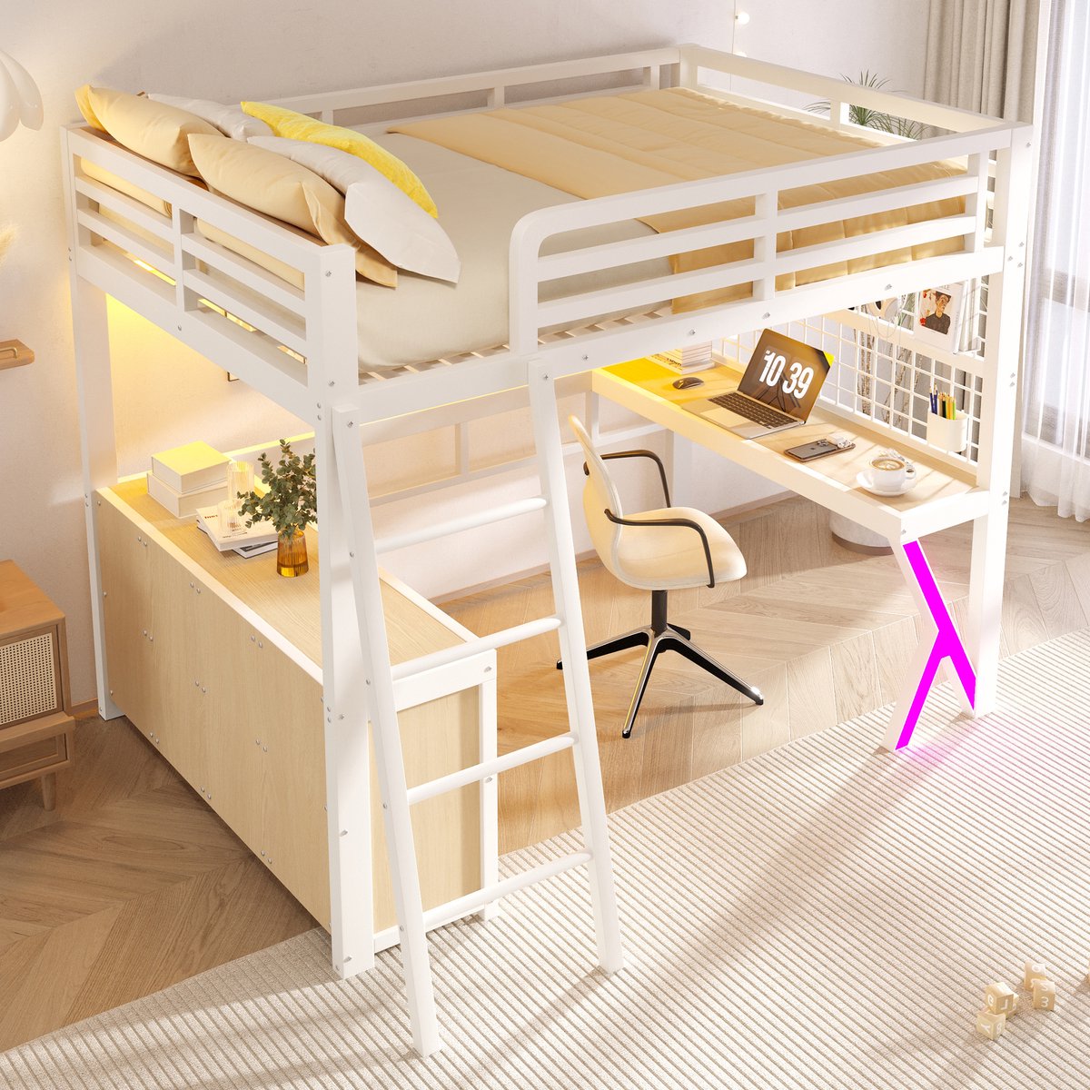 Merax Hoogslaper 140 x 200 cm - bureau - LED-verlichting - opbergkast - zonder matras - wit