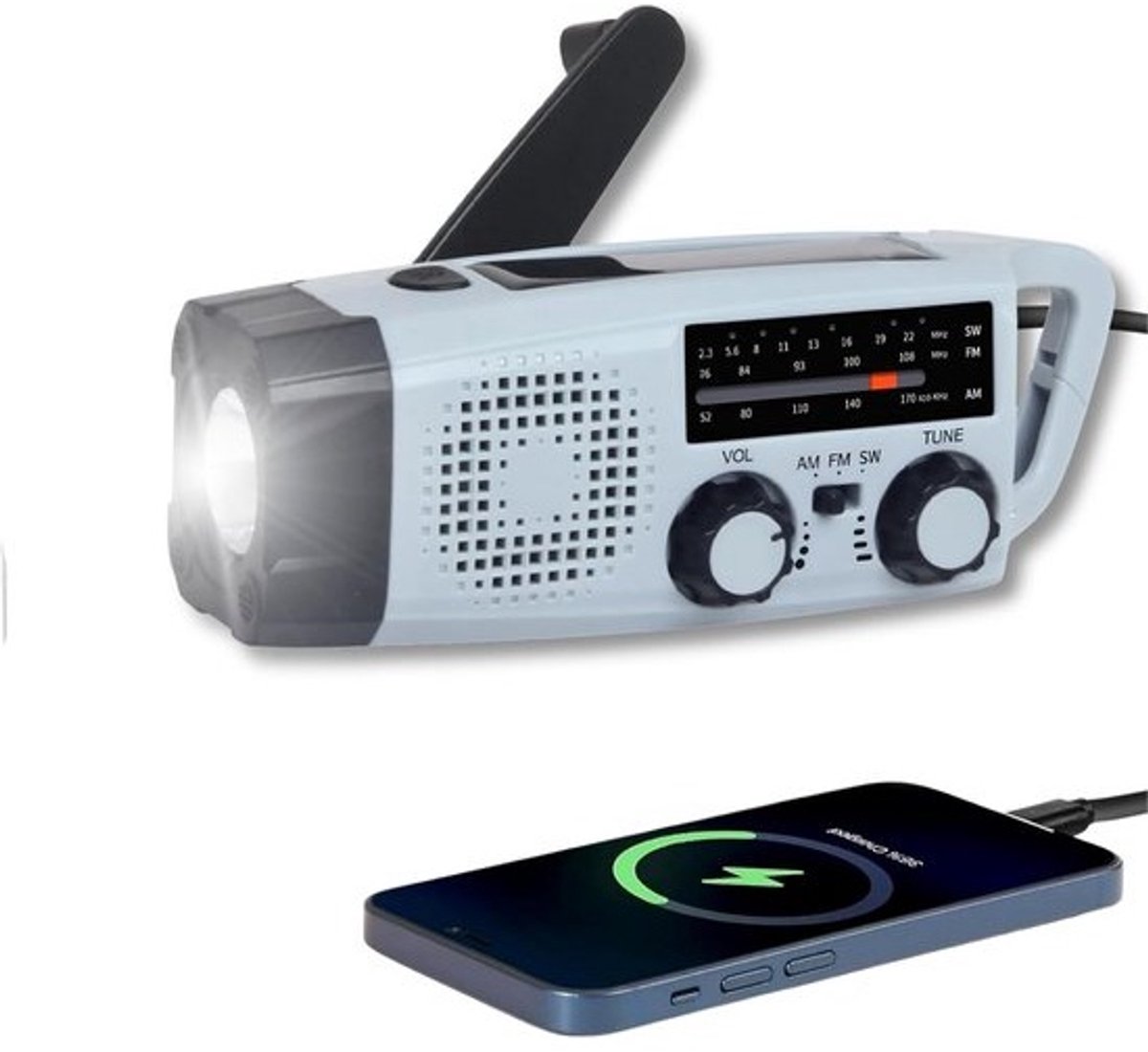 Multifunctionele Noodradio met Handslinger, Zaklamp en Oplader voor Noodgeval