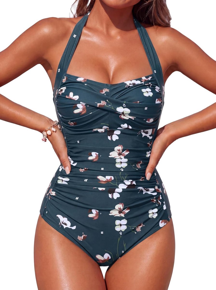 Eendelig zwempak met buikcontrole, zwemkleding, zwemkostuum voor dames, full-body vintage halter-badpak, grote maat, gewatteerd badpak