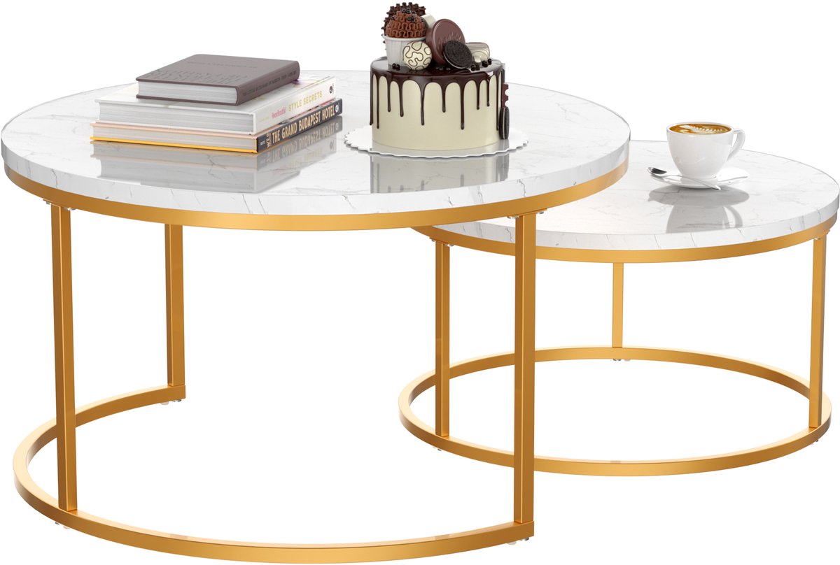 MODFU Salontafel Ø80×45 & Ø60×33,5 cm – Set van 2 rond & stapelbaar – Marmerlook wit met goudkleurig frame – Ruimtebesparend – Woonkamer – MDF & metaal – Wit/Goud