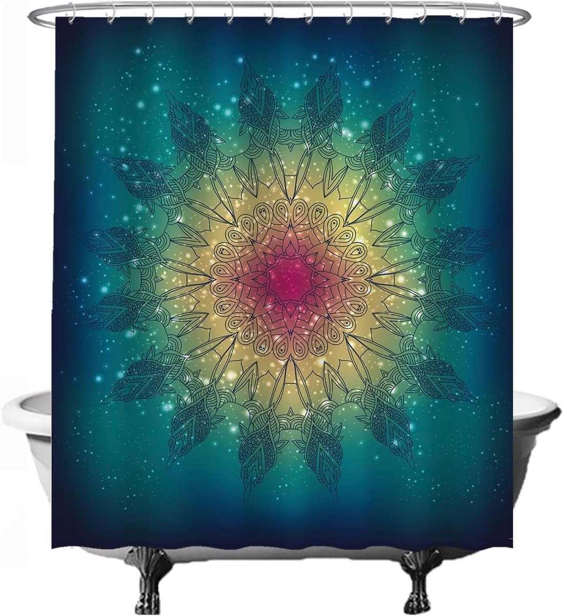 Douchegordijn - Mandala Rond Bohemian - 180 x 200 cm - Wasbaar - Anti Schimmel - Wasbaar - Anti Schimmel - Badkamer Gordijn - Badgordijn - met 12 ringen - Goud Groen Roze