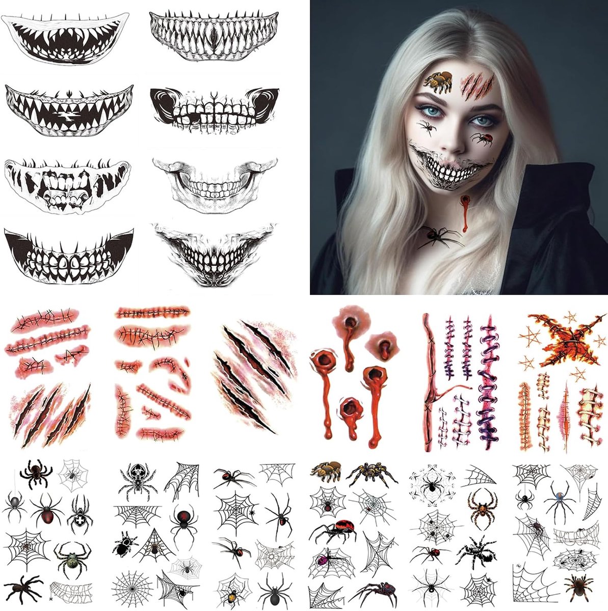 tattoo gezicht, 20 vellen Halloween kostuum dames heren griezelige accessoires, duivel zombie vampier skelet kostuum accessoires kinderen volwassenen nep tatoeages horror nepbloed party