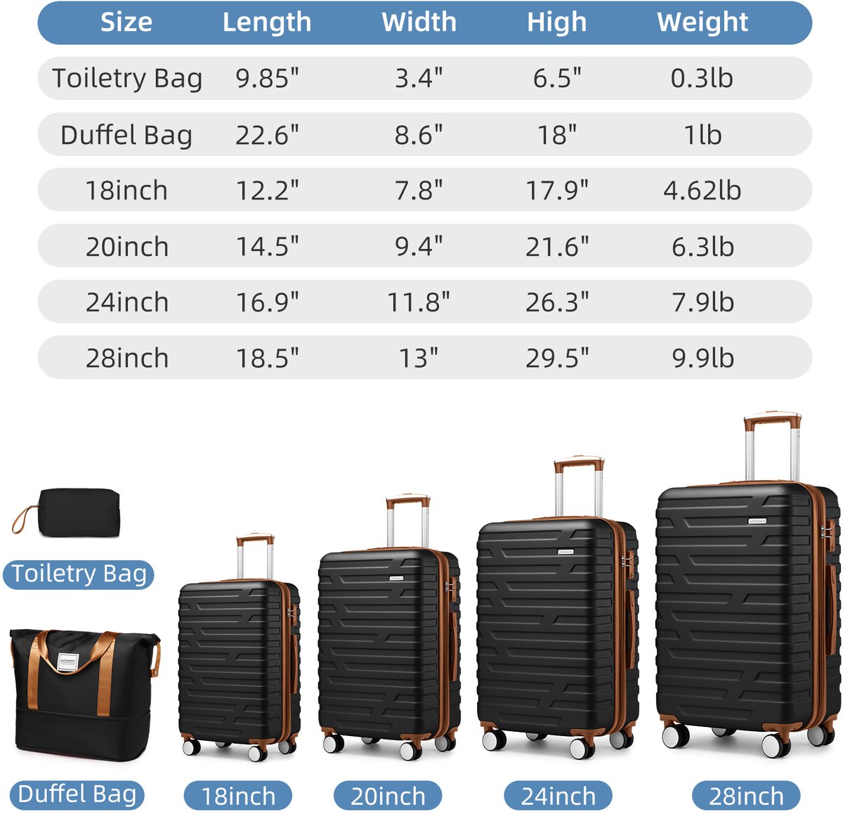MEUNIQ 6-delige hardcase kofferset van ABS met uitbreidbare koffers, vier zwenkwielen, combinatieslot, reis- en toilettas, zwart/bruin