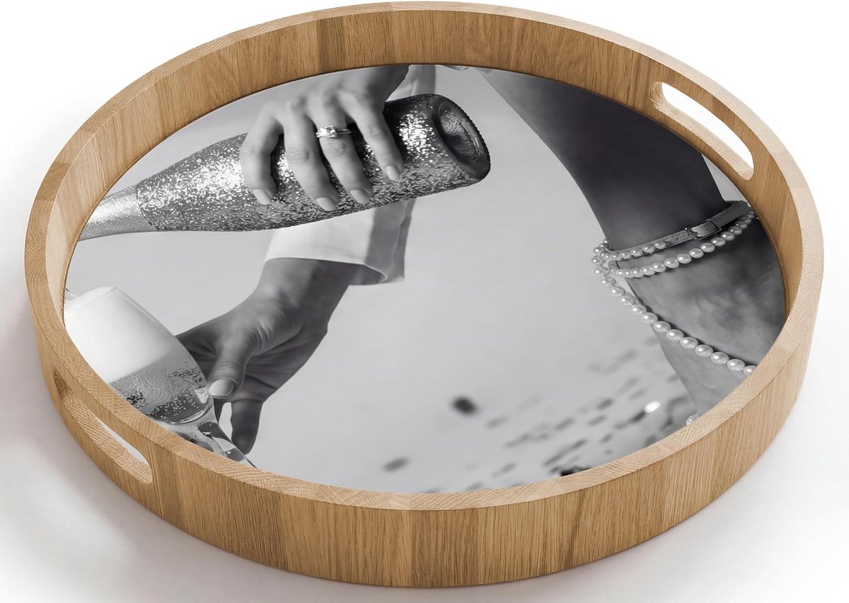 Dienblad Rond 40x40 cm Houten Serveerblad Met Handgrepen Gelakt Eikenhout Krasbestendig Hittebestendig Ontbijt Koffie Thee Eten Feestelijk - Champagne - Discobal