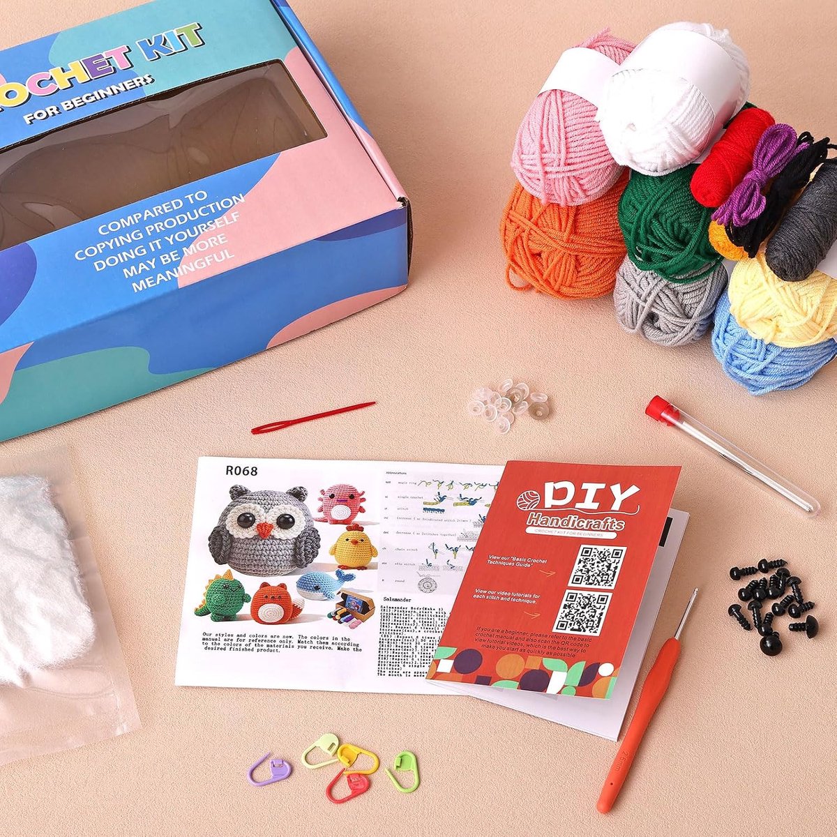 Haakset voor beginners, dieren, haakset, 6 stuks, dierenbreiset voor volwassenen, kinderen, beginners, breiset, haakstarterset met video-instructies, naald, garen, doe-het-zelf