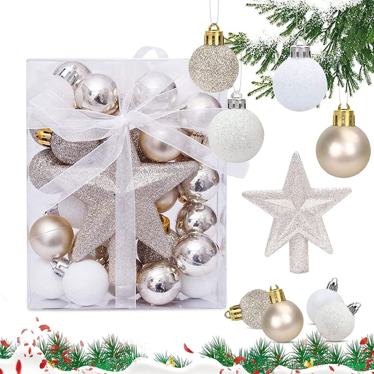 Kerstballen Set van 30 Stuks - 3 cm Plastic Decoratie met Glitter en Matte Afwerking voor de Kerstboom