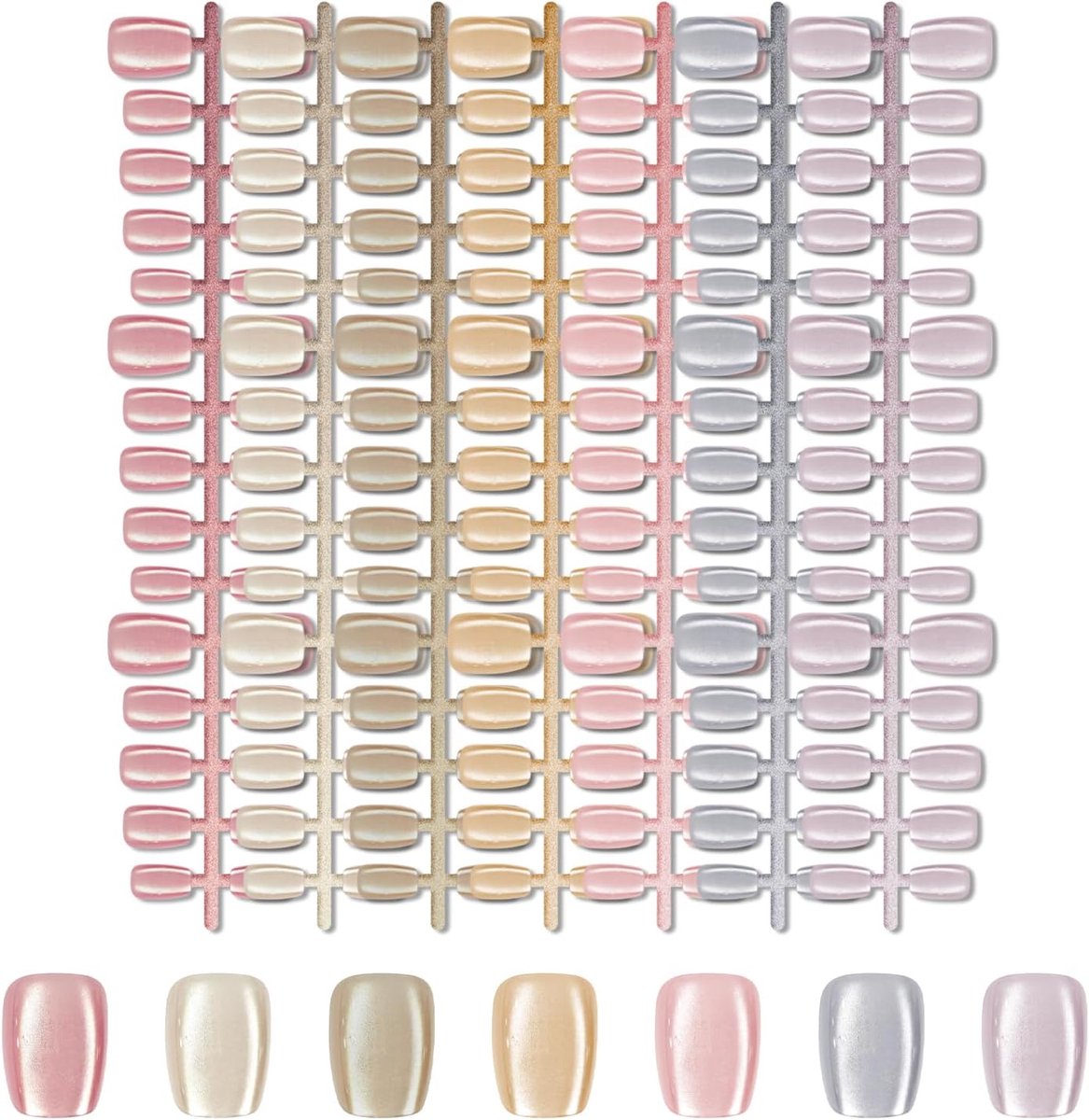 7 Kleuren Cat Eye Kunstnagels Press-ons | Shimmer Ombre Vierkante Cat Eye Plaknagles voor Vrouwen, Dagelijks & Kantoorgebruik (Nude Serie)