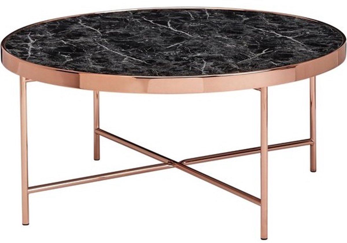 Koffietafel Rond - Salontafel Woonkamer - Gezellige Avonden - Marmerlook Glasplaat - Ø82.5 cm - Zwart Koper