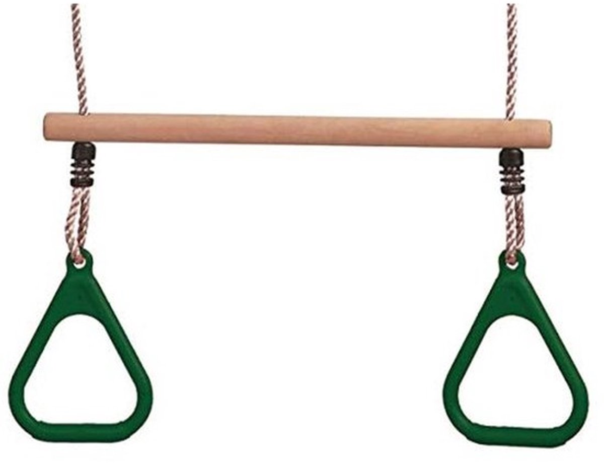 Houten trapezoïde met gymnastiekringen, schommelstoel en monkey swing