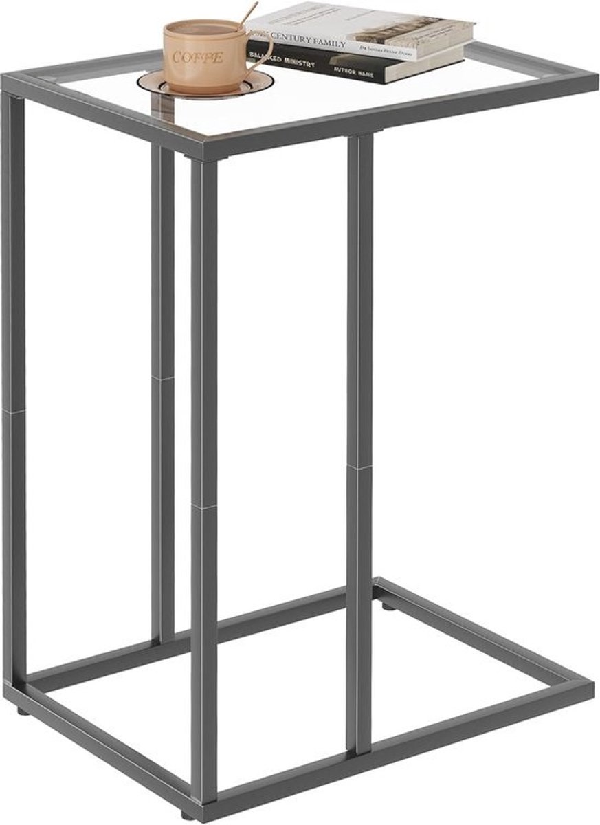 C-vormige glazen bijzettafel met metalen frame voor woonkamer en slaapkamer
