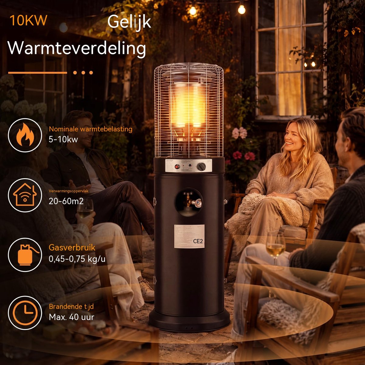 Glitzerlife Heater - omvalbeveiliging - verrijdbaar - terrasverwarmer voor tuin balkon en terras - Ø46 x 136 cm - Zwart – foto 5
