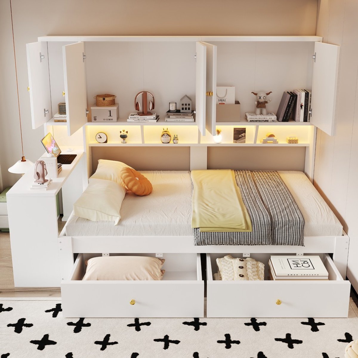 KOMHTOM Multifunctioneel houten bed 90 x 200 cm, met geïntegreerd bureau, meerdere kasten en opbergvakken, met lades, voorzien van ledverlichting en stopcontacten, wit