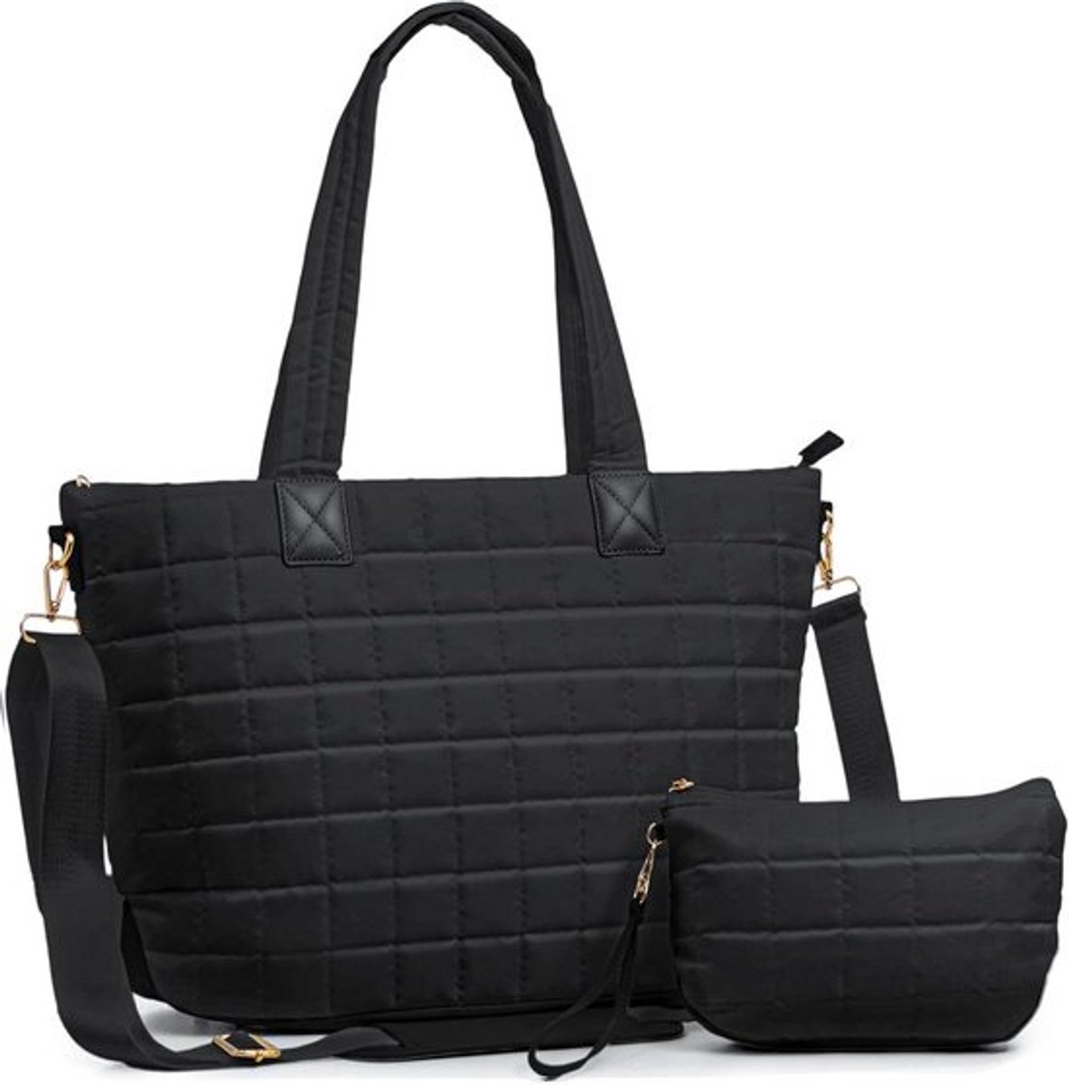 Grote Dames Shopper Tas Zwart - Luxe Gewatteerde Schoudertas & Laptoptas 15,6 inch