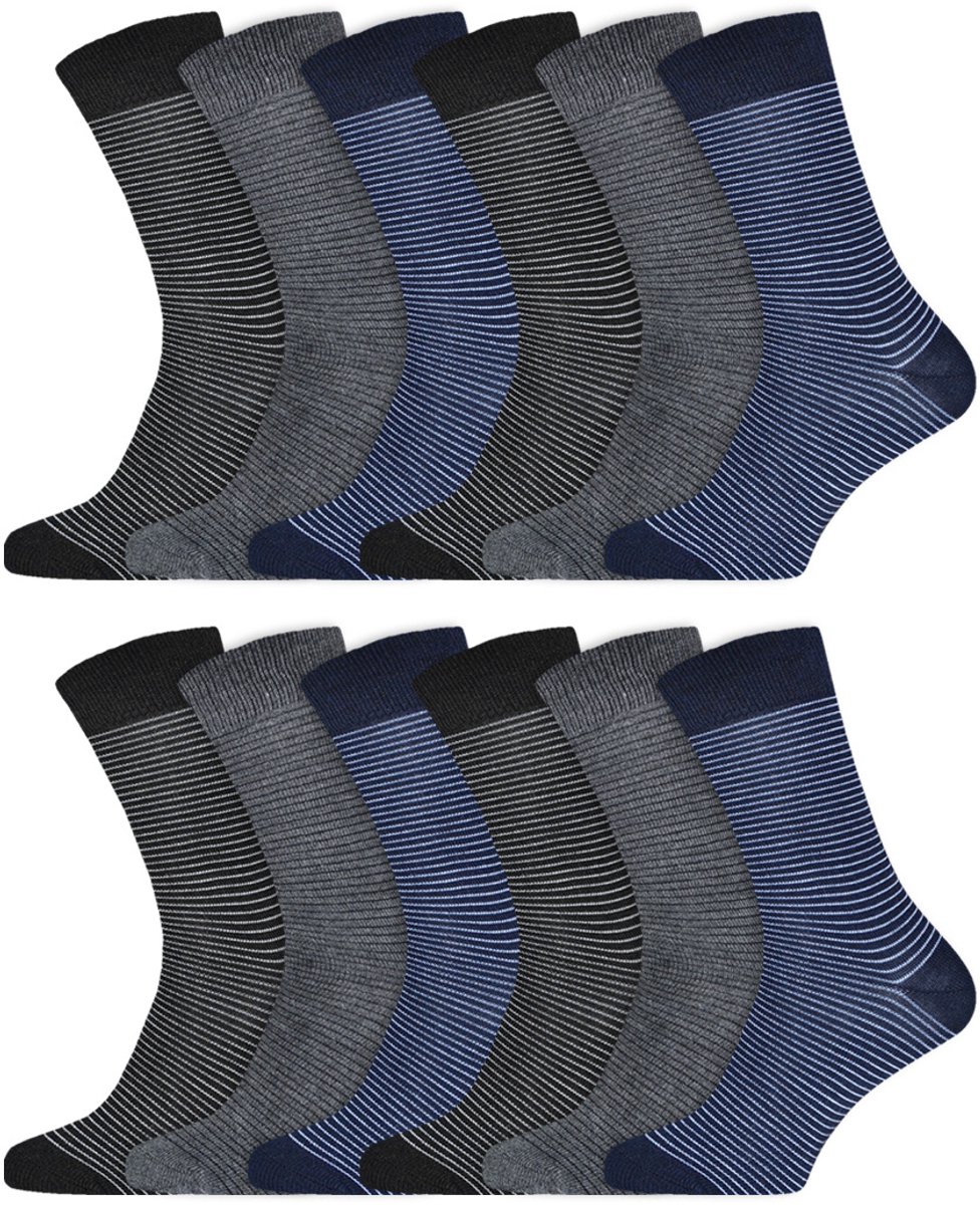 Gestreepte Herensokken | Katoen | Merk: Gianvaglia | Kleur: Blauw | Maat: 39-42/ 43-46 | 12 Paar