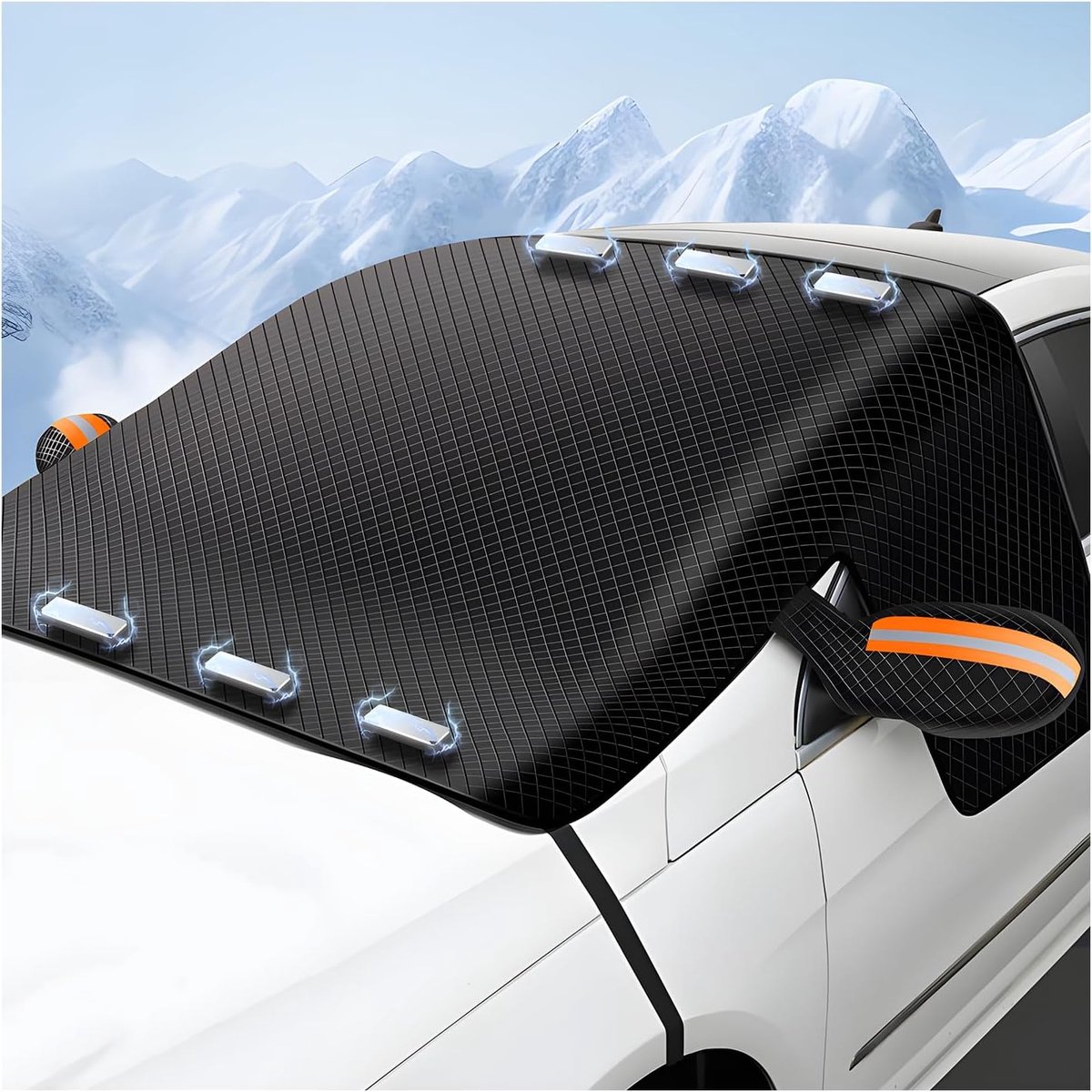 HisKes Auto antivriesdeken - Auto voorruit zonnescherm - Grote magnetische auto sneeuwhoes - Universele antivrieshoes voor de voorruit - 6 magneten - 4 winddichte banden - 296*114 cm - Oranje
