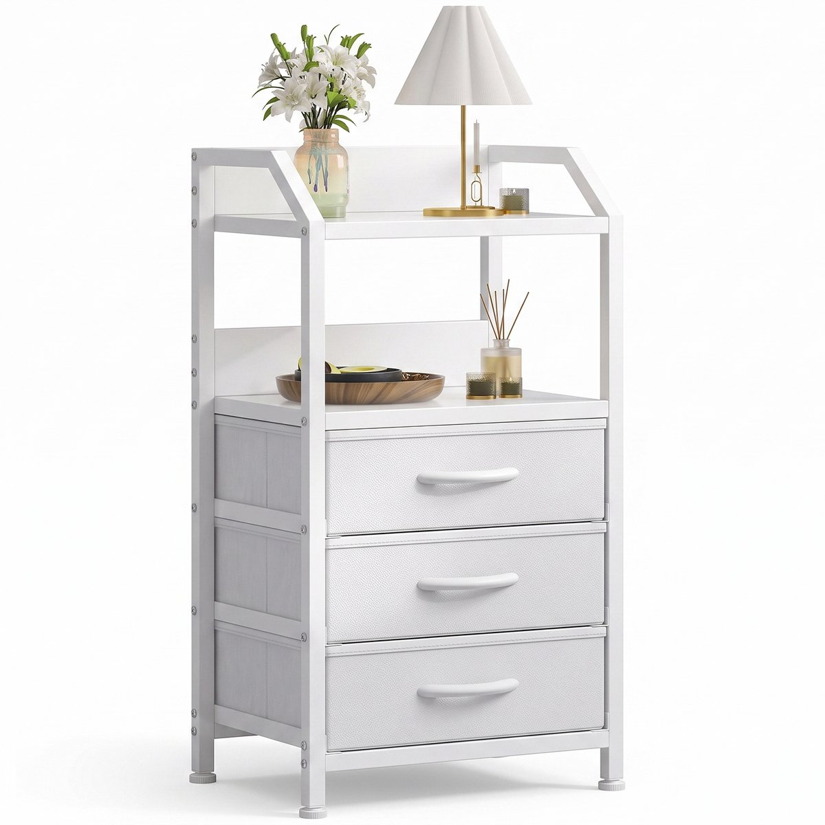 Nachtkastje wit - 3 stoffen lades met leerlookfronten - Open opbergvak - MDF-blad met opstaande rand - Verstelbare voeten - 40 x 30 x 75 cm