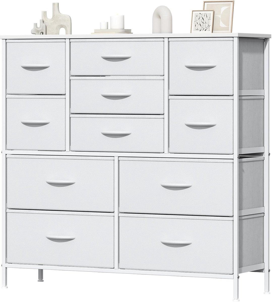 Ladekast wit - 11 stoffen lades in 3 formaten - Leerlookfronten - MDF-blad - Voor kleding en textiel - Verstelbare voeten - 100 x 30 x 97 cm