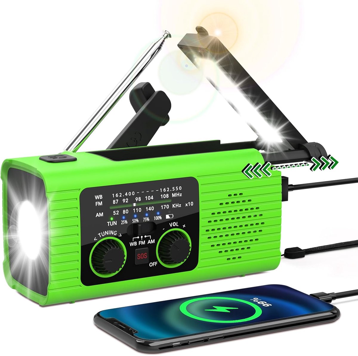 Groene noodweerradio, 2000mAh op zonne-energie werkende weerradio met handslinger, oplaadbaar via USB, draagbare AM/FM-radio met LED-zaklamp, leeslampje en SOS-alarmfunctie voor noodgevallen.