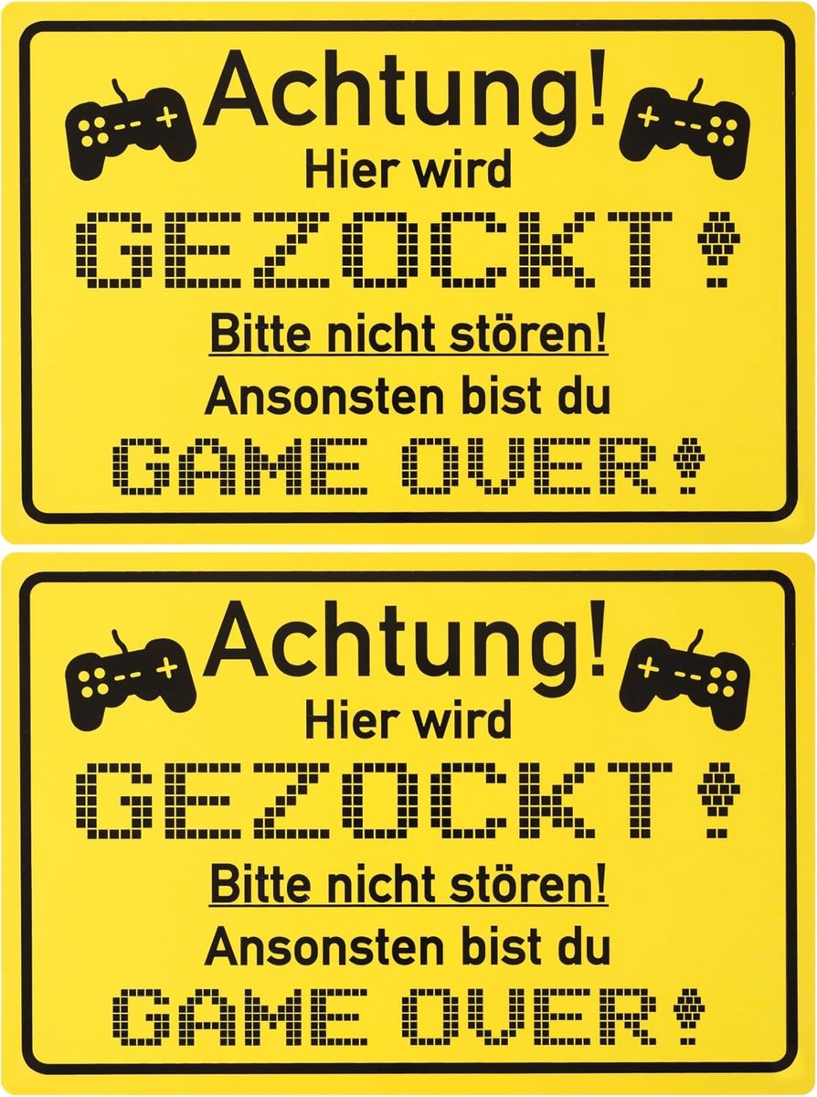 Bord met "Let op! Hier wordt GEZOCKT!", 2 stuks, 1 mm PVC, 30 x 20 cm, schertsartikel voor videogame gokker, plezierbord met Game Over, grappig waarschuwingsbord voor computerspelers