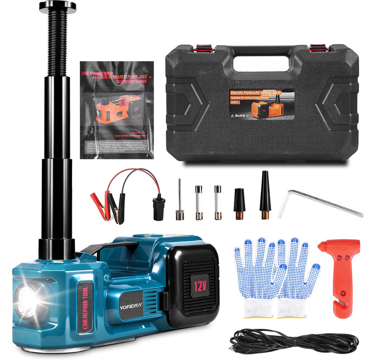 Yofidra Elektrische Autokrik - 5 Ton Hydraulische Lift - met ledlicht - Elektrische Hydraulische Auto Krik - voor langs de weg band wisselaar SUV Hatchback