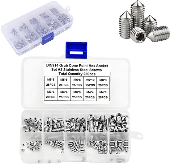 Een open plastic doos met 250 RVS inbusschroeven met conische punt, onderverdeeld in vakjes, met een tabel met specificaties.