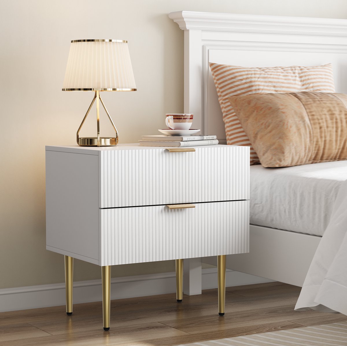 MEUNIQ Nachtkastje 53 x 41,5 x 52,5 cm met 2 lades, ribbelfront, gouden metalen handgrepen en metalen poten voor slaapkamer, wit