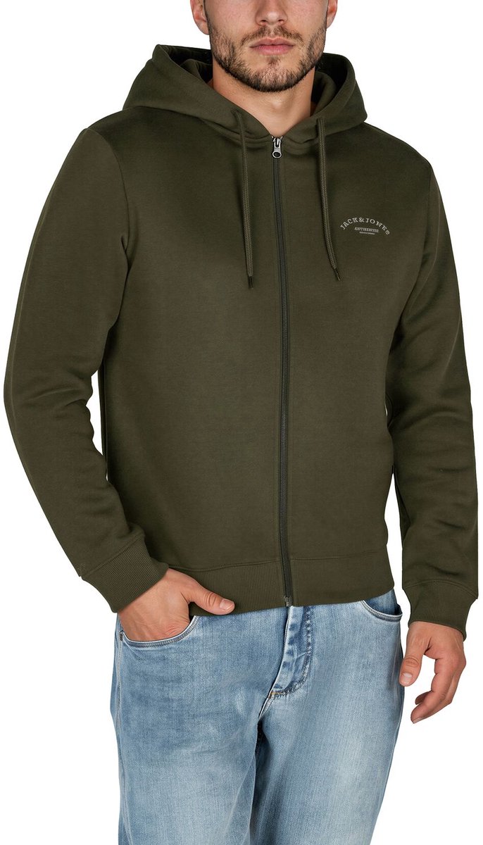 Jack & Jones Heren Sweatjack JJAUTHENTIC SWEAT ZIP HOOD regular fit Olijf XL Volwassenen Hoodiejacket - Sweatvest