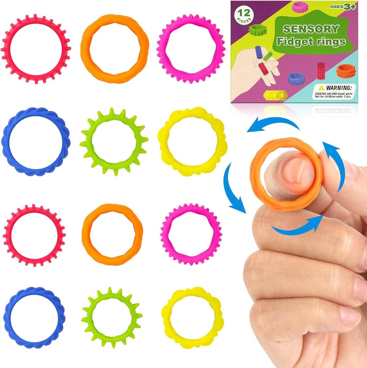 12 Stuks Fidget Sensory Ringen, Vinger Speelgoed Tegen Angst en Stress voor Volwassenen, Textuur Speelgoed voor Ontspanning, Focus en Sensorische Stimulatie