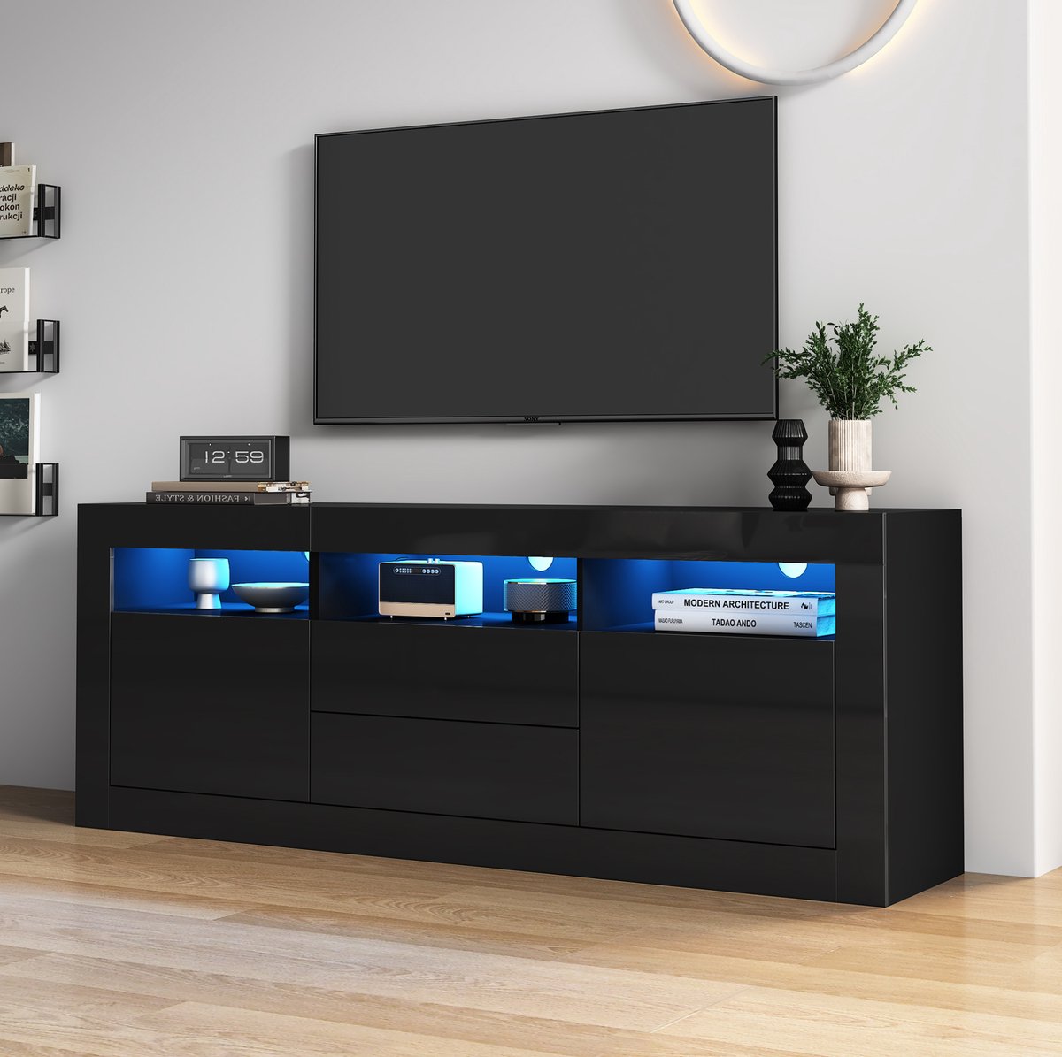 MEUNIQ TV-meubel 160 x 35 x 60 cm met hoogglans front, LED-verlichting via app en bluetooth, 3 open vakken, 2 deuren, 2 lades en kabeldoorvoer, zwart