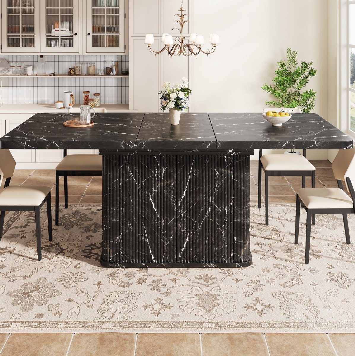STILVORA Eettafel - Uitschuifbaar Met Verborgen Opbergruimte - Zwarte Marmerlook Voor Eten En Werken - MDF En Metaal - 140-180 x 80 x 76,5 Cm - Zwart