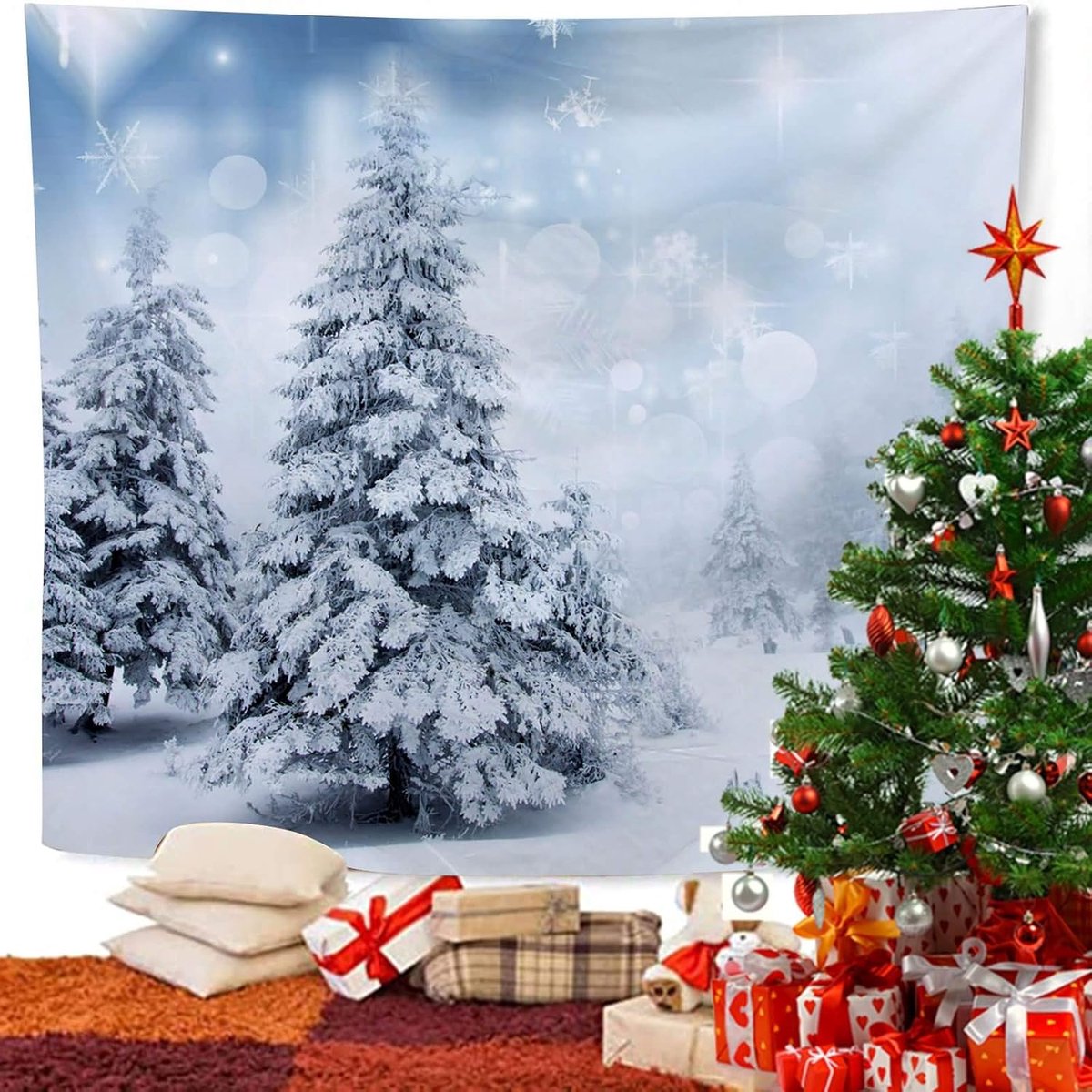 Wanddoeken 240 x 220 cm, kerstwandtapijt, kerstboom en sneeuwvlok, grijs-blauw, wandtapijt voor woonkamer, slaapkamer, slaapzaal, wanddecoratie