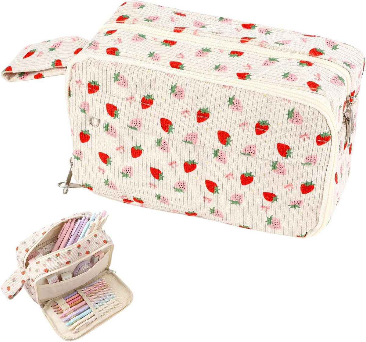 Etui met 3 vakken, pennenzak met grote capaciteit, voor school en kantoor, cadeau voor meisjes en volwassenen, aardbeienrood, Etui