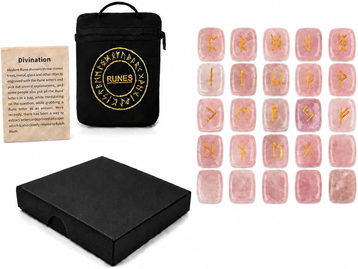 Set van 25 Rozenkwarts Rune Stenen, Elder Futhark, voor Genezing, Meditatie en Mystiek