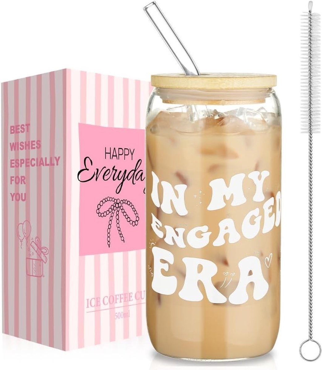 Engagements Cadeau: 500ml Koffieglas met Luchtdichte Bamboekap, Rietjes en Reinigingsborstel voor Vrienden